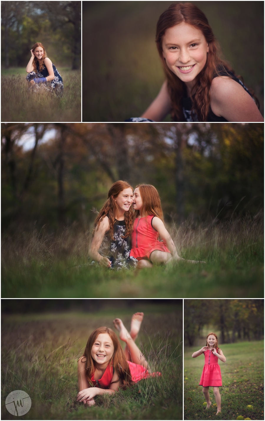 Red head sisters just playing around their field around their home in texas