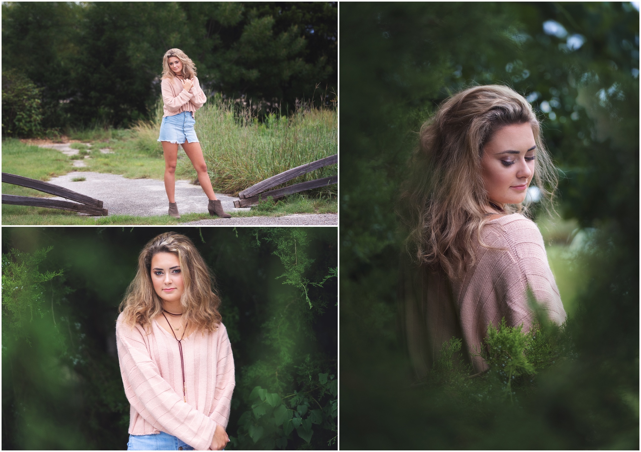 girl in pink sweater and denim skirt in nature