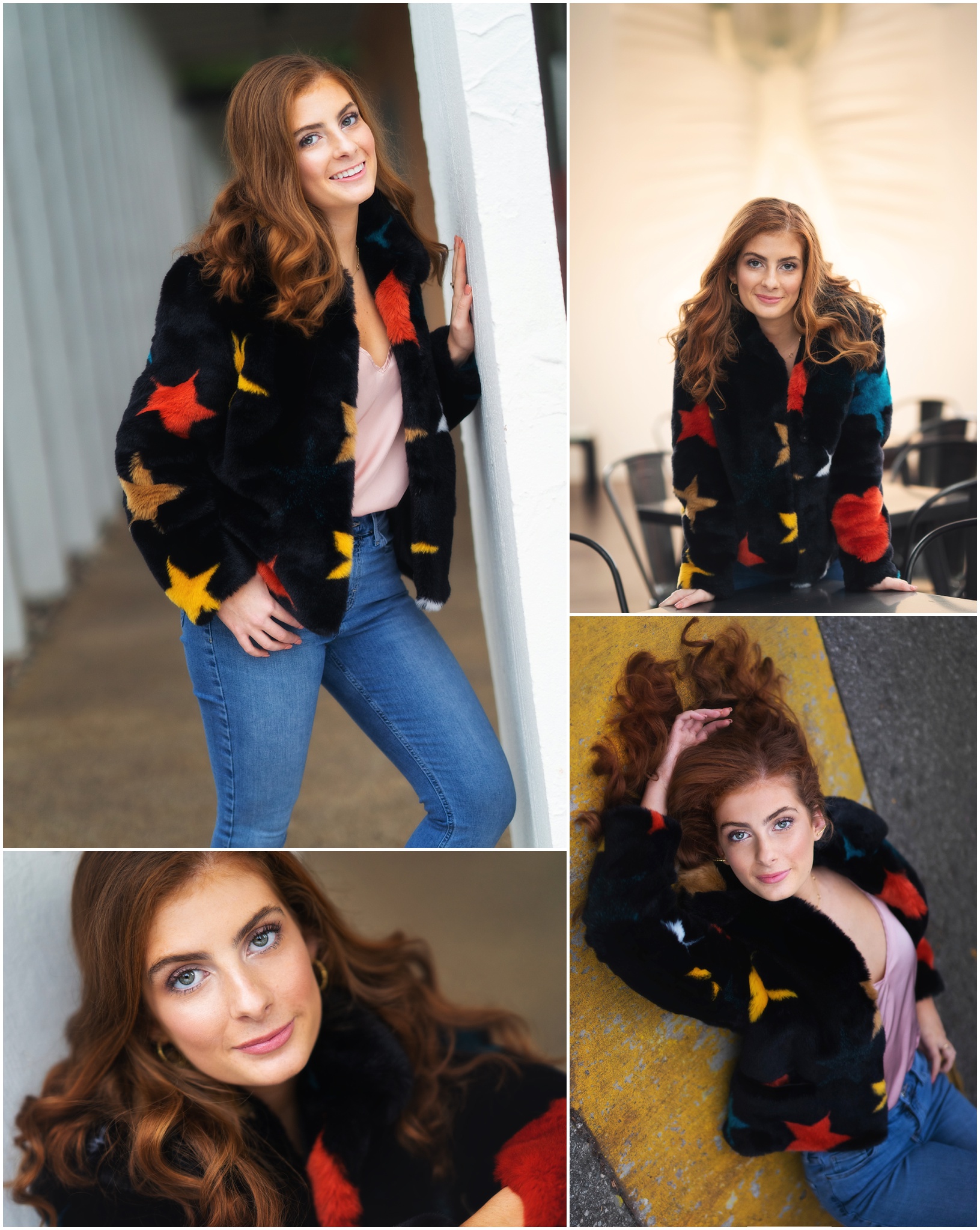 girl in fun black with stars fur jacket and red hair