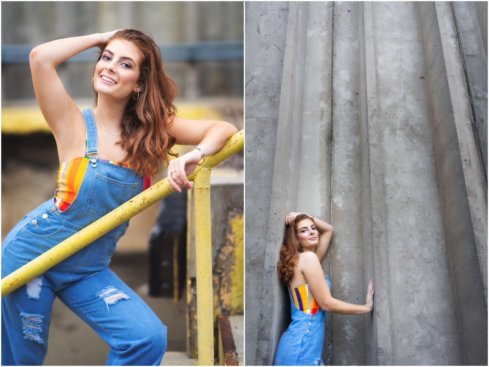 girl in overalls and rainbow tube top