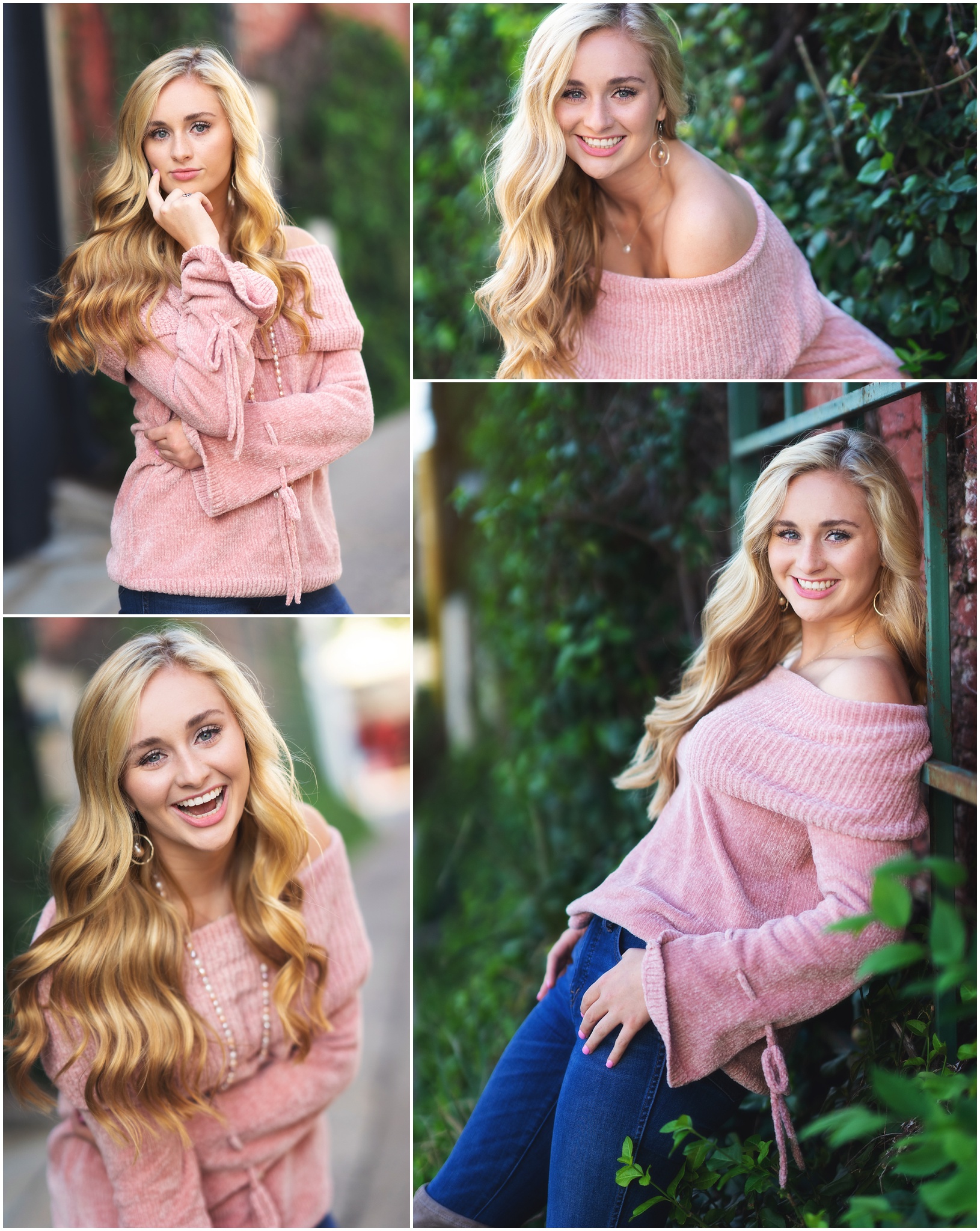 blonde girl smiling with pink sweater