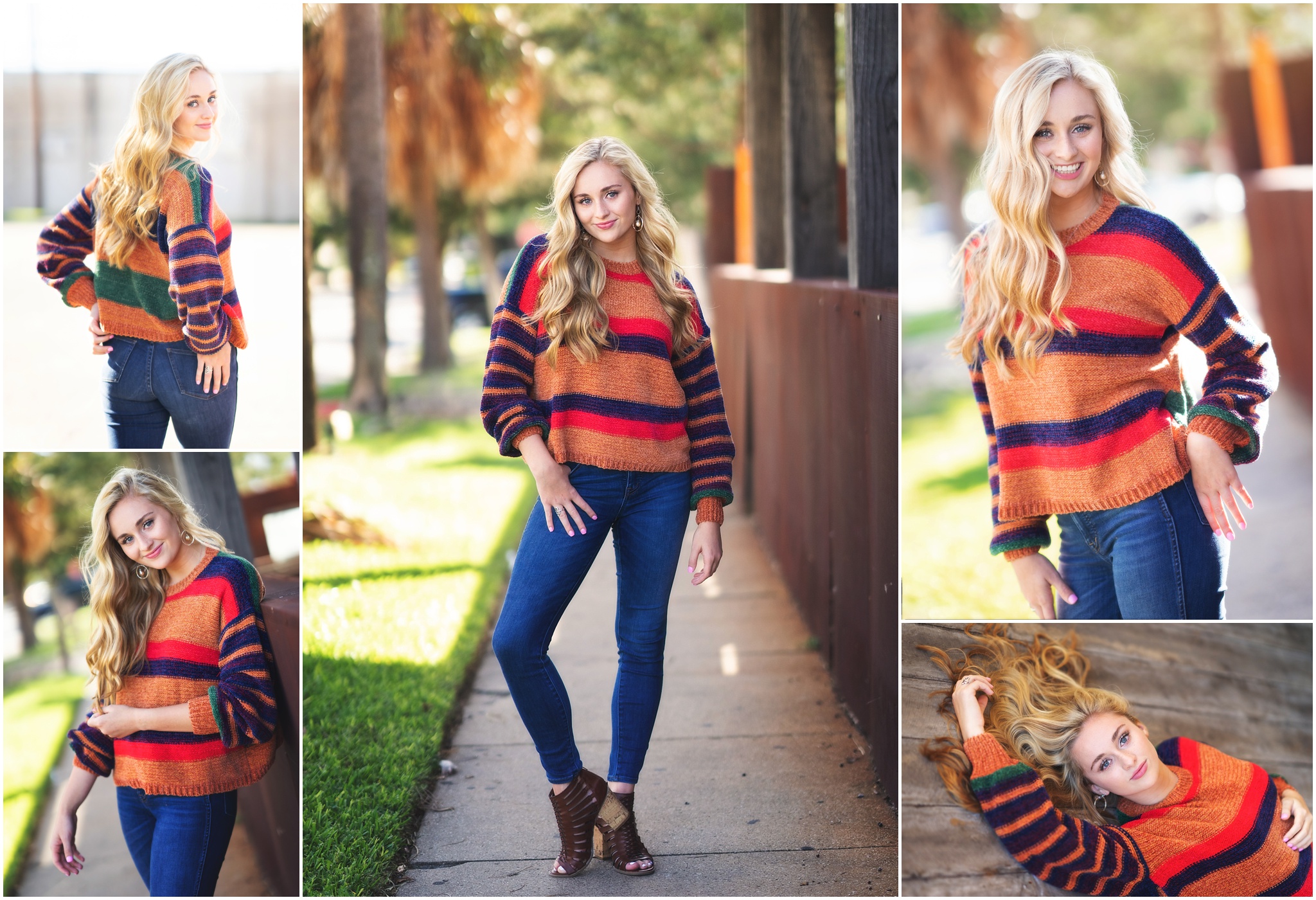 blonde girl with jeans and colorful sweater