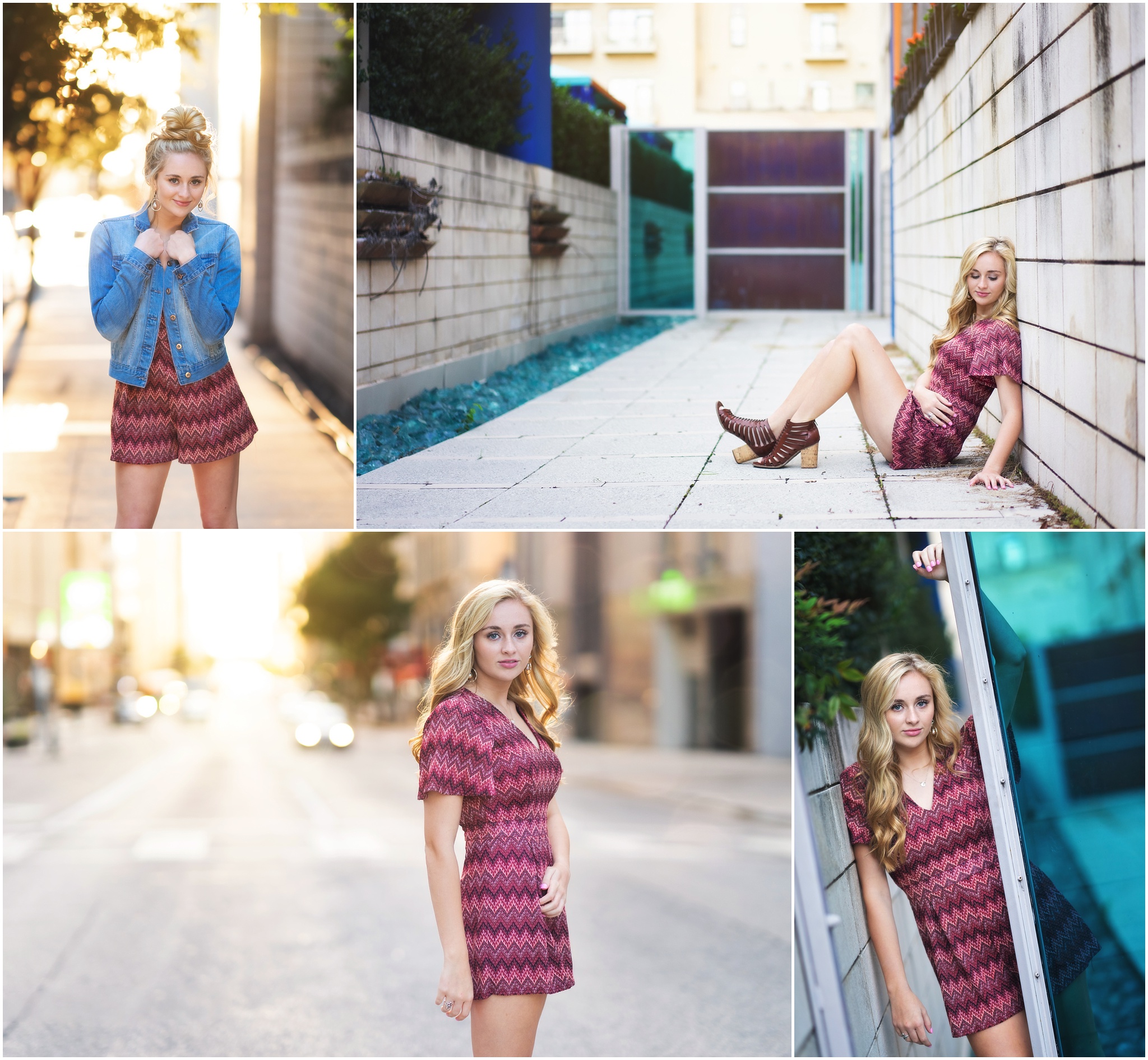 blonde girl at sunset in downtown dallas