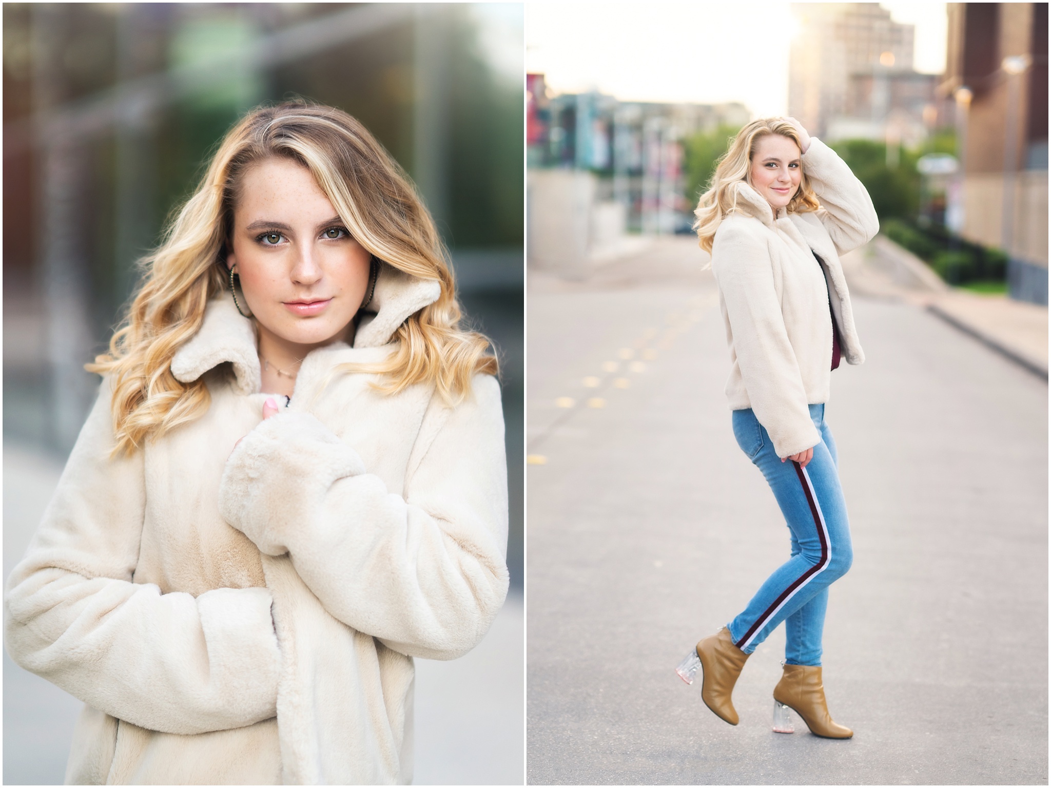 girl in fur jacket in downtown dallas