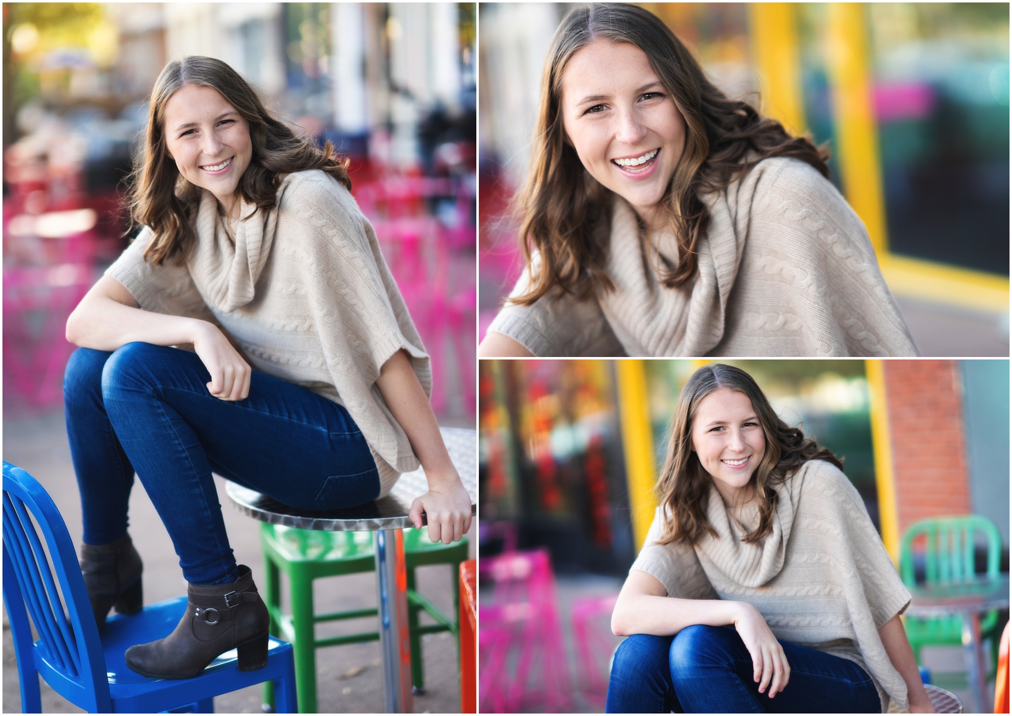 girl in beige sweater sitting around colorful chairs