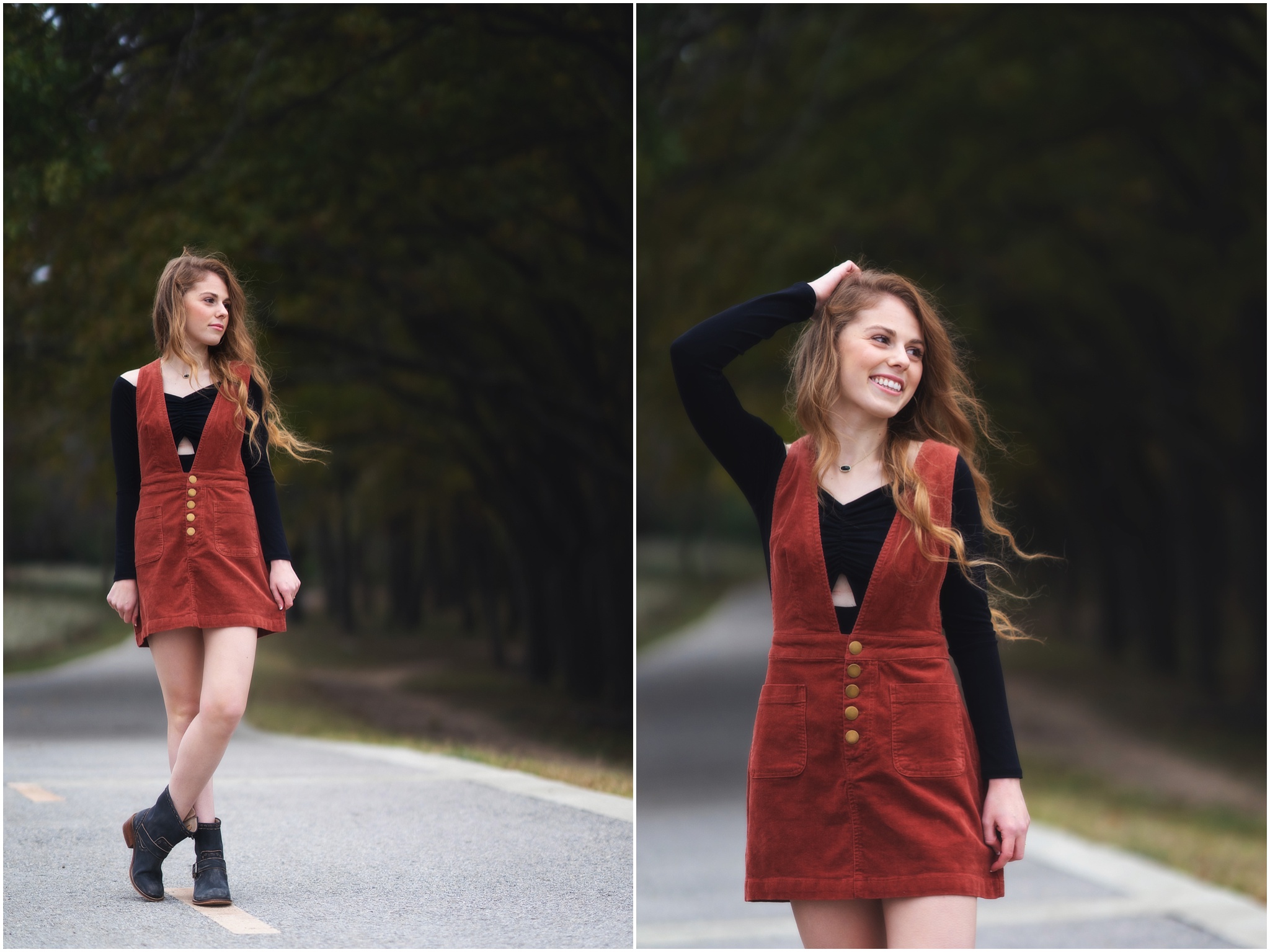 long red hair girl in red cordoroy dress
