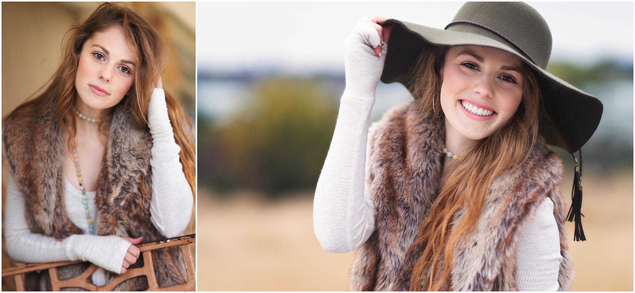 long red hair girl in fur vest and hat
