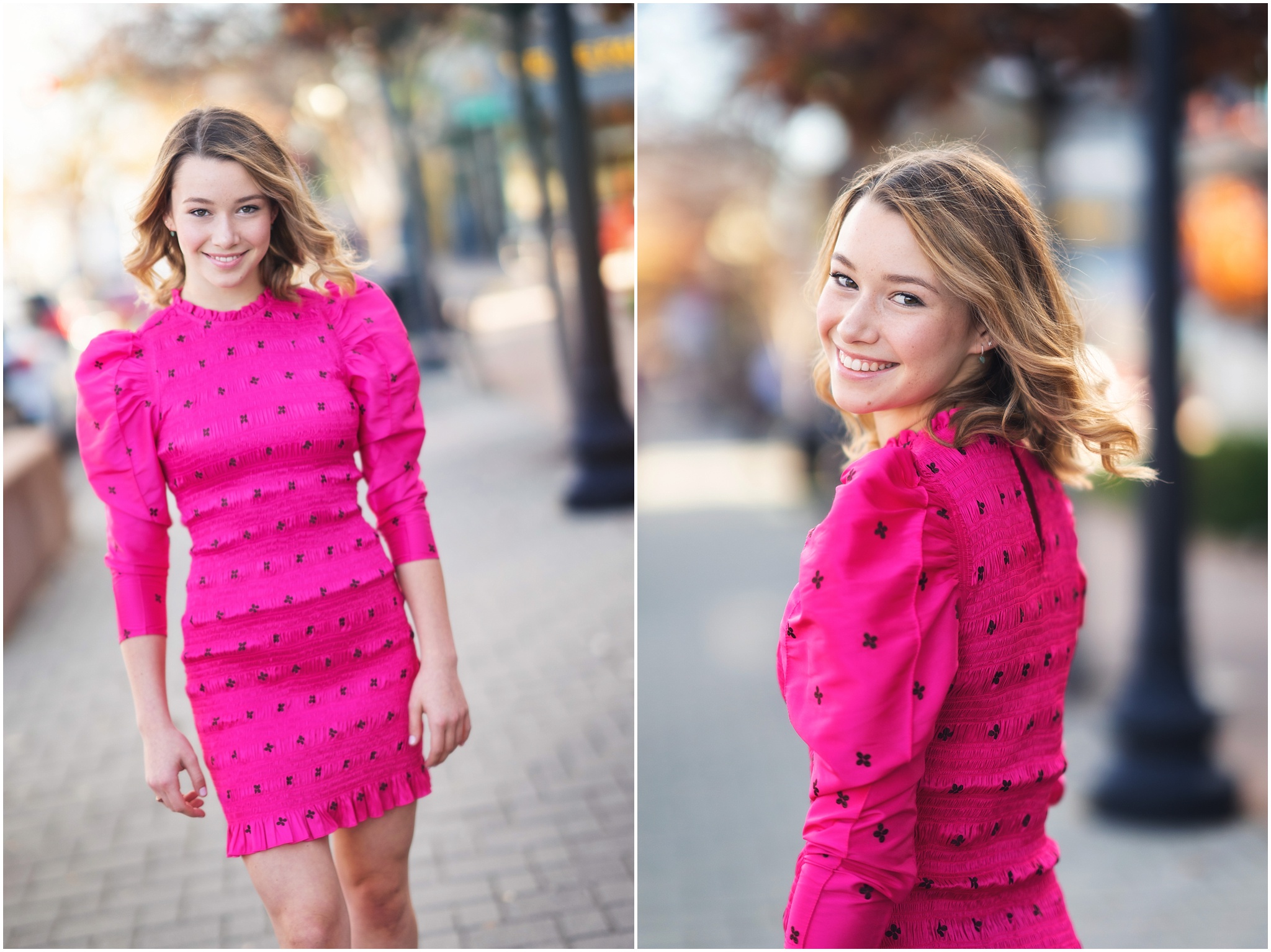 Ava Noble in pink 80s dress walking down street