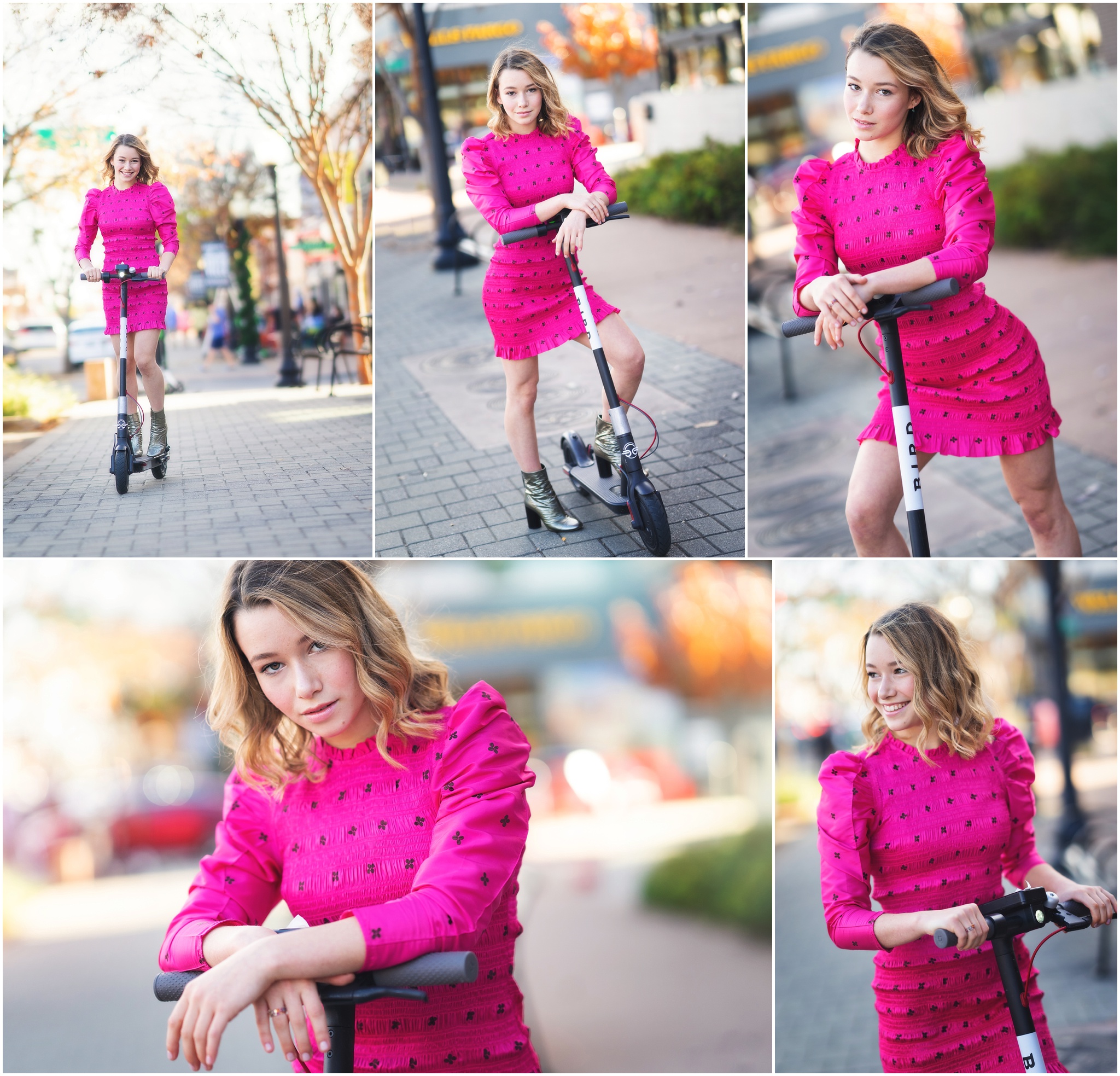 Ava Noble in pink 80s dress riding a scooter through city