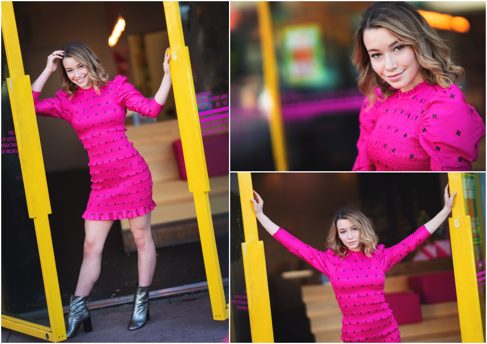 Ava Noble in pink 80s dress on lower greenville