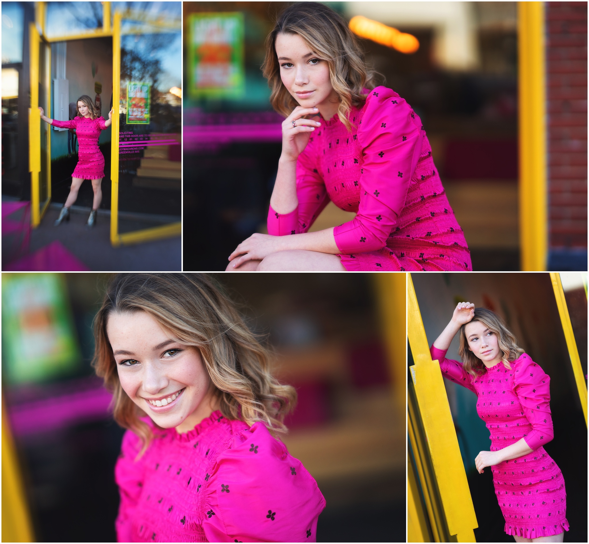 Ava Noble in pink 80s dress on lower greenville
