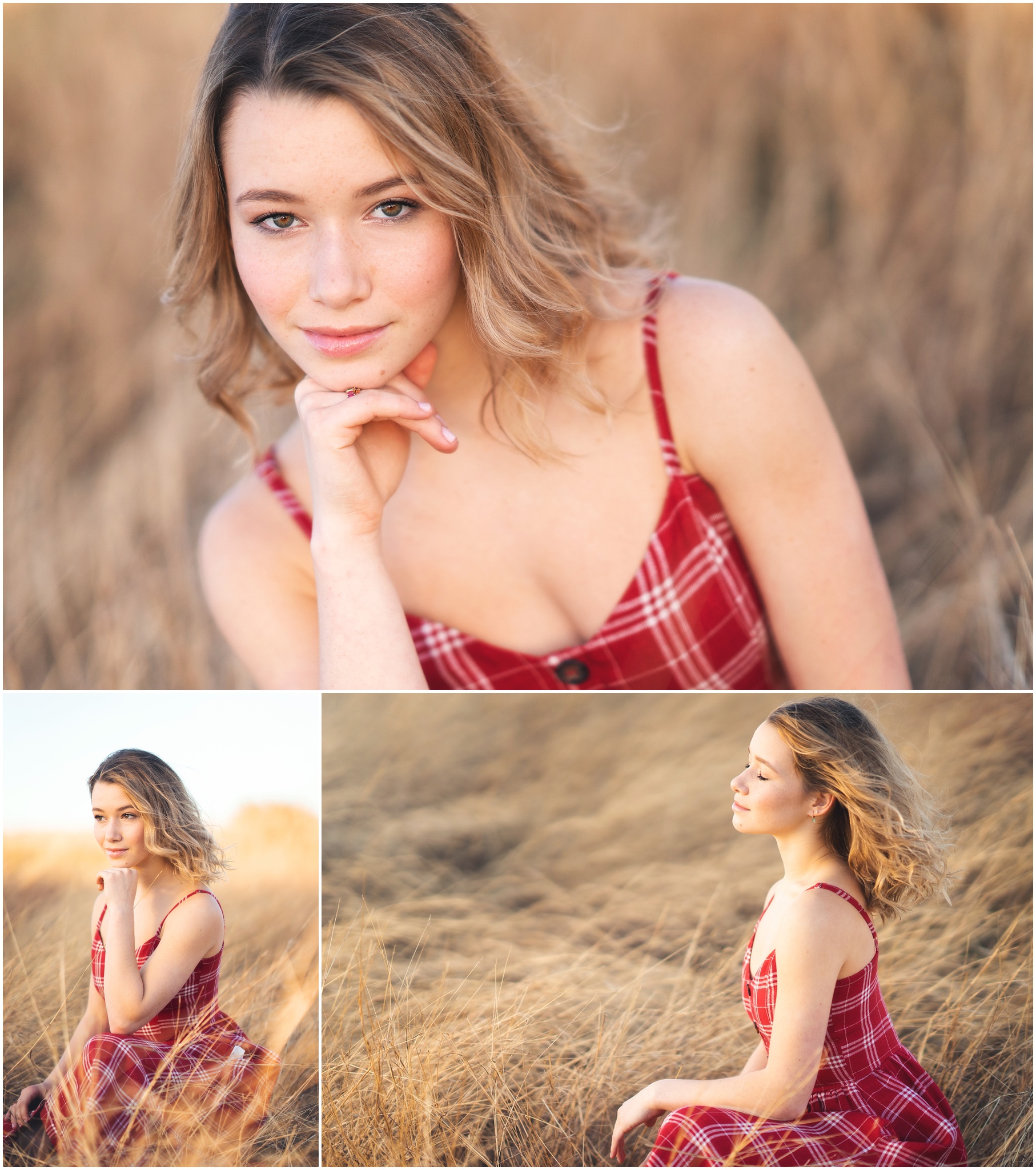Ava Noble in red prairie dress at white rock at sunset