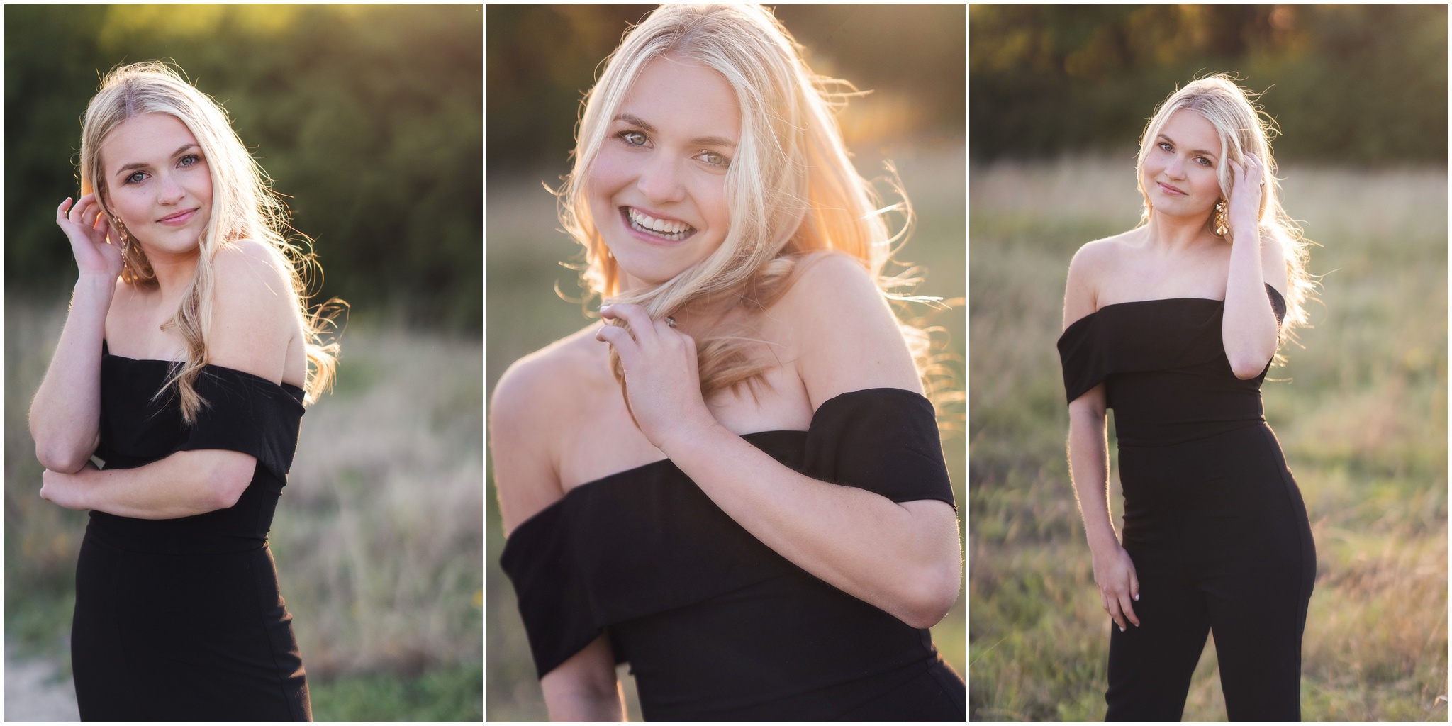 blonde girl at sunset in black off the shoulder jumpsuit