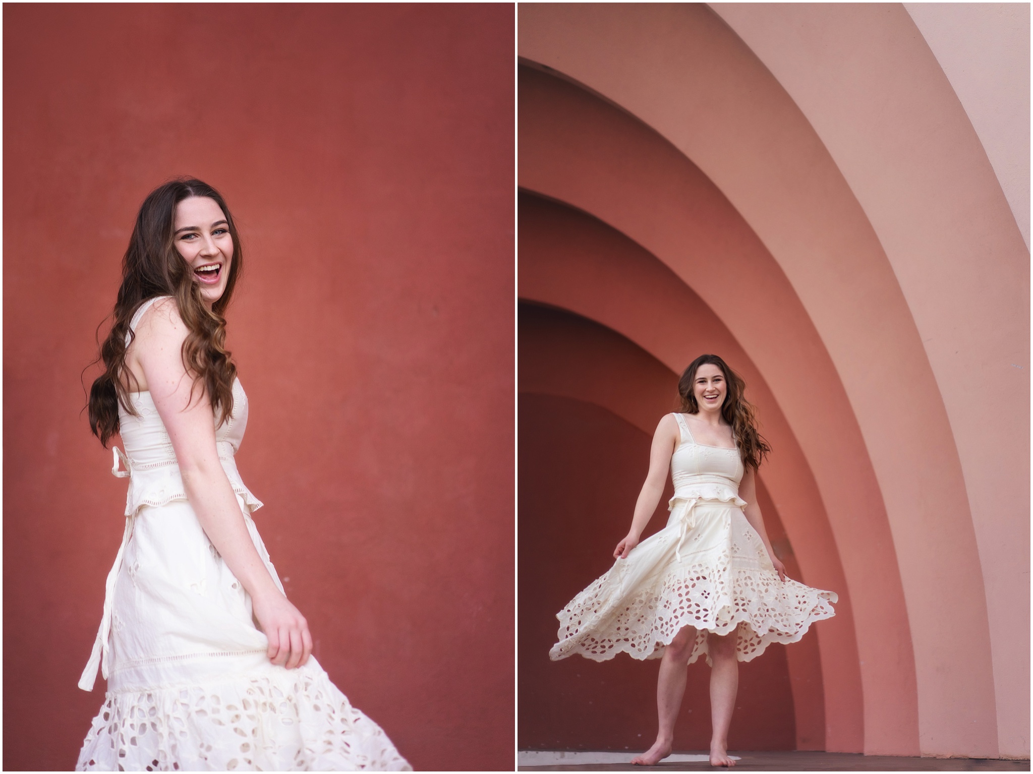 brunette girl in white dress by pink gradient wall in fair park