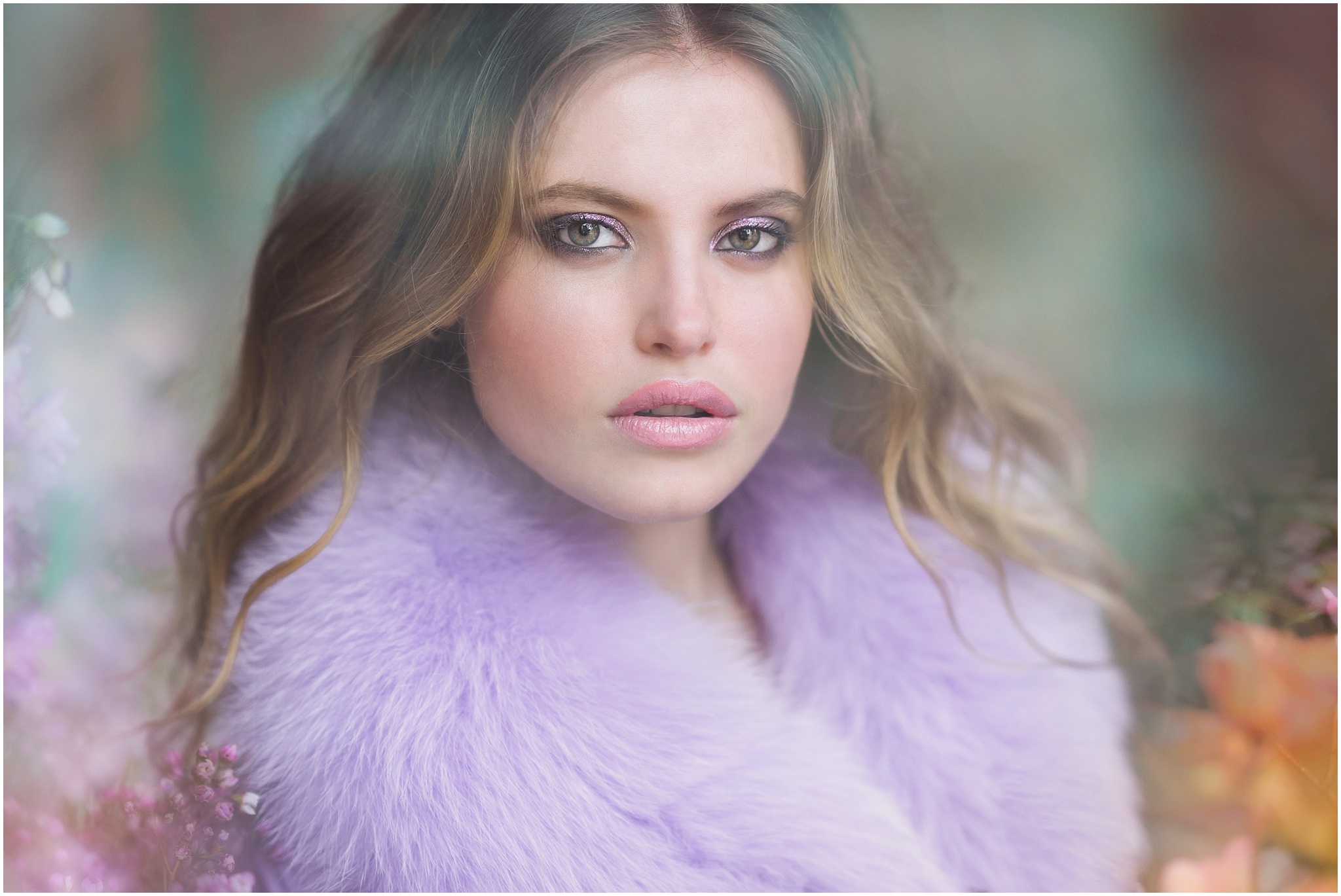 model in floral shop with purple fur jacket
